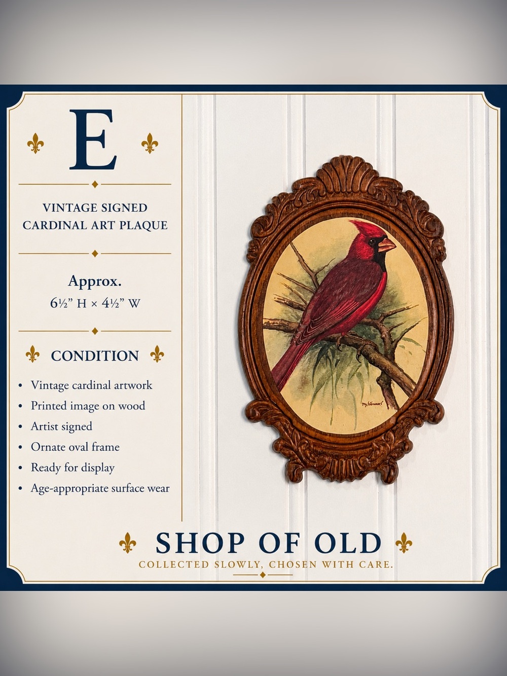Vintage Signed Cardinal Art Plaque